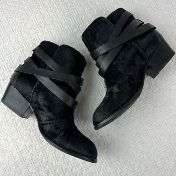 Matiko Boots Womens 6.5 Slip On Buckle Strap Ankle Bootie Black Fur Calf Heels - Picture 2 of 15